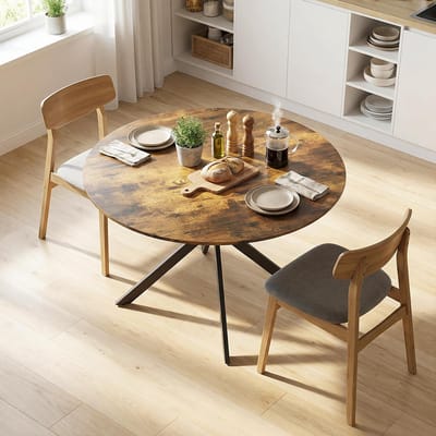 Pugsdrly - Ronde eettafel - Industriële keukentafel - Voor 4 personen - Stalen poten - Rustiek bruin - Zonder stoelen