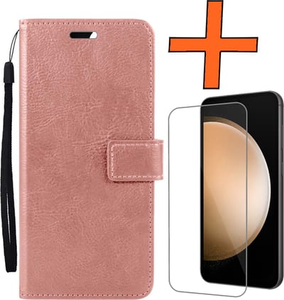 Hoes - Met Screenprotector - Geschikt voor Samsung Galaxy S23 FE - Luxe Pasjeshouder - Bookcase Portemonee - Flip Case - Kunstleer Book Case - Flipcase - Book Cover - Walletcase - PortemonneeHoes - Rosé goud