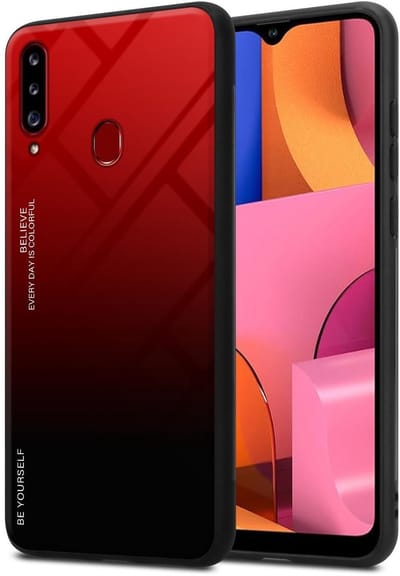 Cadorabo Hoesje geschikt voor Samsung Galaxy A20s in ROOD - ZWART - Tweekleurige beschermhoes van TPU-silicone Case Cover en achterzijde van gehard glas