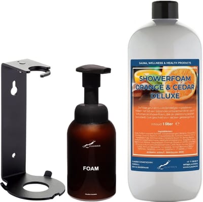 Foam Zeep 1 liter Orange & Cedarwood - met 300 ml dispenser (met bedrukking) en muurbeugel