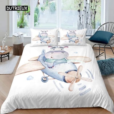 Hippo Dekbedovertrek Set Kingsize Cartoon Hippo met Roze Bloem Dekbedovertrek Set voor Kinderen Wild Dier Polyester Quiltovertrek US Full(200x230cm)