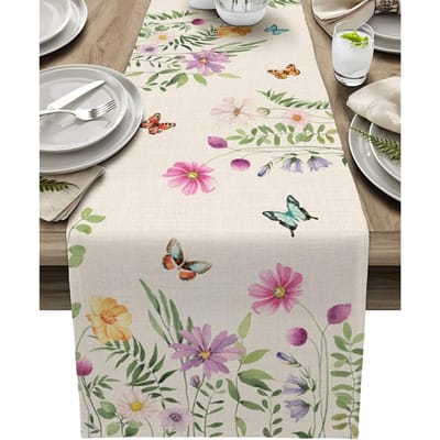 Lente Bloemig Linnen Tafel Runner Zomer Kleurrijk Bloemen Vlinder Commode Sjaals Tafel Decor Wasbaar Huis Eetkamer Feest Decor 150x33cm white