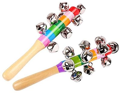 2 stuks houten rammelaar-regenboog handvat-met 10 belletjes-kleurrijk-muziekbel-interactief speelgoed