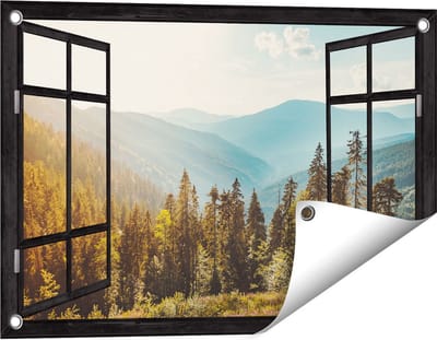 Gards Tuinposter Doorkijk Bos met Bomen in de Hoge Bergen - 60x40 cm - Tuindoek - Tuindecoratie - Wanddecoratie buiten - Tuinschilderij
