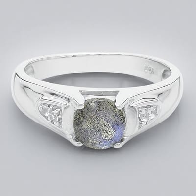 Cavill - Zilveren Ring 925 Sterling Zilver met 0,6 ct Roemeense Spectroliet en 4 Witte Topaas 0,047 ct - Ronde Edelstenen - Elegante Damesring Maat 17