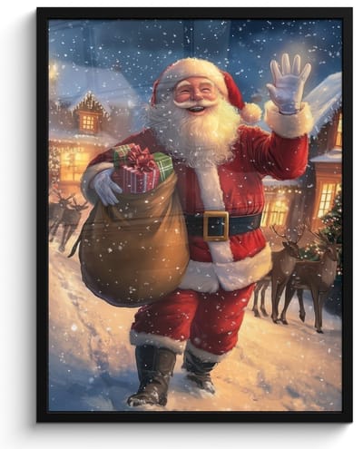 Poster in lijst - Fotolijst 60x80 cm - Posters - Kerstman - Dorp - Hert - Donker - Posterlijst zwart - Decoratie - Wanddecoratie woonkamer - Muurdecoratie slaapkamer - Kerstversiering - Kerstdecoratie voor binnen - Kerstmis