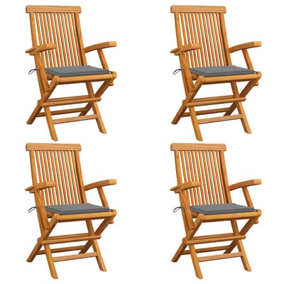 vidaXL - Klapstoelen - met - grijze - kussens, - 4 - stuks, - massief - teakhout