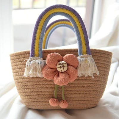 Dames Handtas Katoon Touw Tote Bag Honderd Tote Bag Bloemen Stro Tas Regenboog Handvat 18*9*15cm oranje