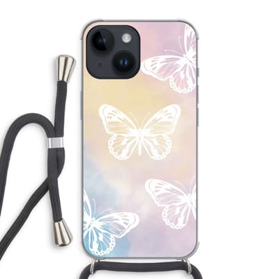 Case Company® - Hoesje met koord geschikt voor iPhone 14 hoesje met Koord - White butterfly - Telefoonhoesje met Zwart Koord - Bescherming aan alle Kanten en Over de Schermrand