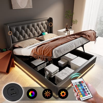 Sweiko Zacht Kussenbed Eenpersoonsbed 180x200 cm, Zwart PU Materiaal Hydraulisch Opbergbed, Zacht kussenhoofd met USB Type-C oplaadfunctie, 3-zijdige LED Functie (Geen matras)