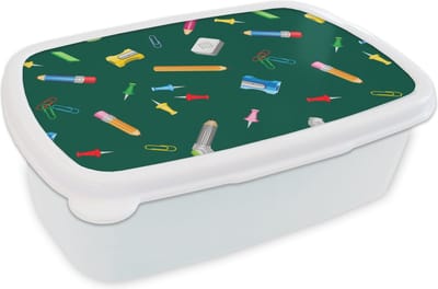 Broodtrommel Wit - Lunchbox - Brooddoos - Kantoor - Patronen - Potloden - 18x12x6 cm - Volwassenen