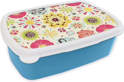 Broodtrommel Blauw - Lunchbox - Brooddoos - Hart - Bloemen - Patronen - 18x12x6 cm - Kinderen - Jongen