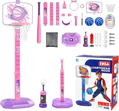 Sportspel voor kinderen - Basketspeelgoed - Actief spelen - 4-in-1 functie - 77 tot 140 cm - Roze