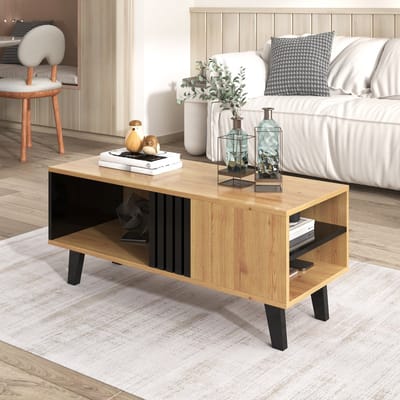 Sweiko 100 x 60 x 53 cm grote salontafel in gekleurd hout en zwart design, woonkamer tafel met lade bijzettafel, veelzijdige opbergruimte en unieke uitstraling