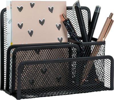 QUVIO Bureau Organizer 4 in 1 - Pennenbakje - Bureau accessoires - Bureau Organizer Pennenbak - Desk Organizer - Pennenbak - Pennenbakje - Pennenhouder - 4 Vakken - Draadstaal - 8 x 18 x 14 centimeter (lxbxh) - Zwart