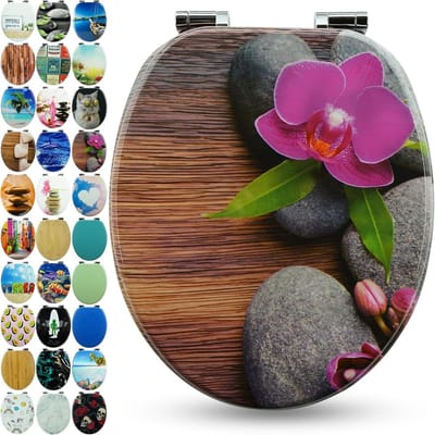 Premium wooden toilet seat with drop brake, high quality, many colourful motifs, comfortable, easy installation, assembly instructions included - "Orchid"