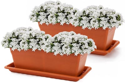 Plasticforte Plantenbakken met water opvangschotels - terracotta - 2x stuks - 50 x 18 x 15 cm - tuin - balkon - terras - rechthoek