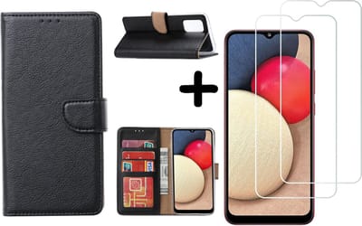 Hoesje Geschikt Voor Samsung Galaxy A02s Hoesje Geschikt Voor Samsung Galaxy A02s bookcase + 2x screenprotector - Zwart