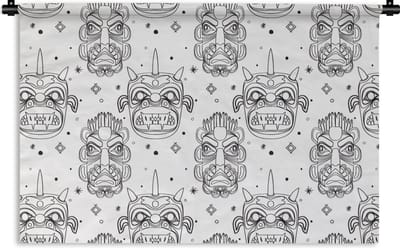 Wandkleed - Wanddoek - Maskers - Inca - Patroon - Zwart-Wit - 90x60 cm - Wandtapijt
