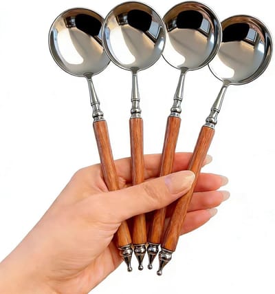 4 Stuks Retro Franse Soeplepels - Roestvrij Staal Met Imitatie Houten Handvat - Groot Rond Lepelblad - Voor Diner - Dessert - Thee - Espresso - Koffie - Lengte 18.8 cm