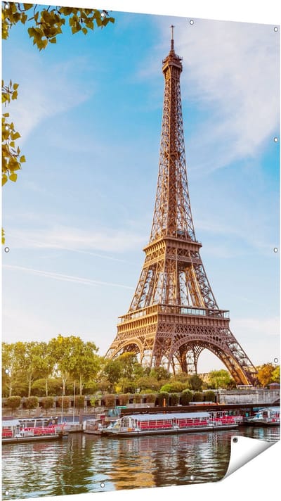 Gards Tuinposter Eiffeltoren in Parijs aan het Water - 120x180 cm - Tuindoek - Tuindecoratie - Wanddecoratie buiten - Tuinschilderij