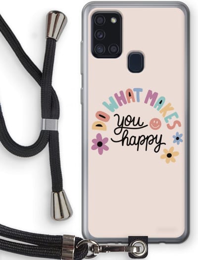 Case Company® - Hoesje met koord geschikt voor Samsung Galaxy A21s hoesje met Koord - Happy days - Telefoonhoesje met Zwart Koord - Bescherming aan alle Kanten en Over de Schermrand