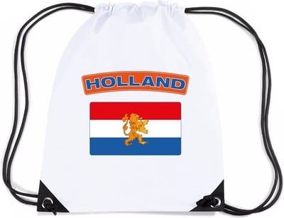 Nederland thema sporttas - nylon rijgkoord rugzak - wit met vlag print - supporters - 11 liter - 45 x 34 cm