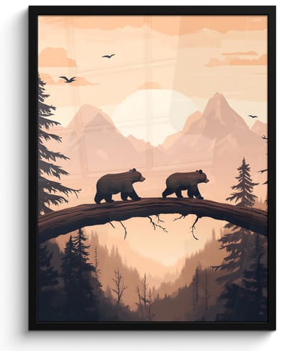 Poster in lijst - Fotolijst 50x70 cm - Posters - Beren - Bomen - Landschap - Zonsondergang - Posterlijst zwart - Decoratie - Wanddecoratie woonkamer - Muurdecoratie slaapkamer
