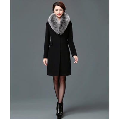 Nieuwe Stijl Wollen Damesjas Middellang Wollen Kraag Windjack 3XL black