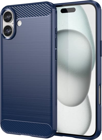 MobyDefend Hoesje - Geschikt voor iPhone 16 Plus - TPU Backcover - Geborstelde Metaal & Carbon-Look - Blauw
