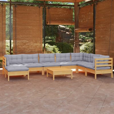 vidaXL - 9-delige - Loungeset - met - grijze - kussens - massief - grenenhout