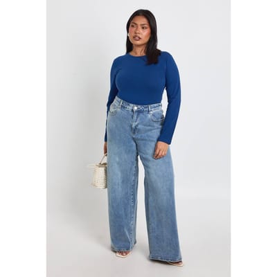 boohoo Dames Plus Basic Bodysuit Met Lange Mouwen En Ronde Hals | Marineblauw | Maat: 44