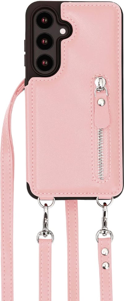 Casemania Hoesje Geschikt voor Samsung Galaxy S25 - Roze - Luxe Back Cover met Koord & Rits - Wallet Case met Pasjeshouder - Lanyard Telefoonhoes - Cord Case