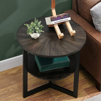 Ronde bijzettafel met opbergruimte en twee etages, massief hout
