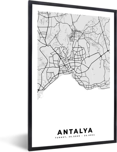 Fotolijst incl. Poster Zwart Wit- Antalya - Stadskaart - Plattegrond - Zwart Wit - Kaart - 40x60 cm - Posterlijst