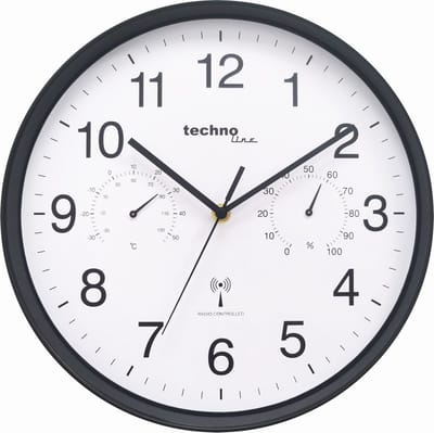 Technoline WT 8945 - Wandklok - Analoog - Rond - Kunststof Raam - Radiogestuurde tijdsaanduiding - Binnentemperatuur - Binnenvochtigheid - Zwart
