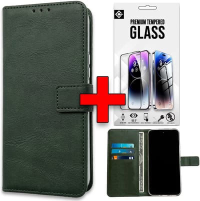 Casemania Hoesje & Glas Geschikt voor Apple iPhone 16e - Groen - Portemonnee Book Case - Glazen Screenprotector