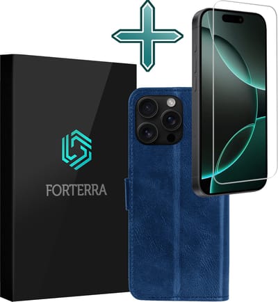 Hoesje Met Screenprotector - Geschikt voor Apple iPhone 16 Pro - Luxe Pasjeshouder - Flipcase - Bookcase Portemonee - Flip Case - Kunstleer Book Case - Book Cover - Walletcase - Portemonneehoes - Donkerblauw