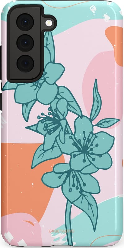 Casetastic hoesje geschikt voor Samsung Galaxy S21 FE 5G - Dubbellaagse bescherming - Roze Oranje Turqoise Bloemen Modern - Fashion Case - Wit Mintgroen Perzik Lichtroze