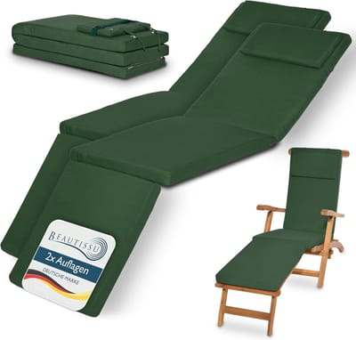 Beautissu 2x Set LoftLux DC tuinkussen voor deckchair 175 x 45 x 5 cm – ligbedkussen groen - tuinkussens hoge rug - kussen ligstoel
