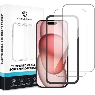 Shieldcase glazen screenprotector geschikt voor Apple iPhone 15 screenprotector - Geleverd met montage frame - 2-pack verpakking - screen protector gemaakt van gehard glas