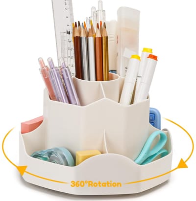Roterende Potlood- en Pennenhouder voor Bureau, Pennenpot Bureau-organizer met 9 Onafhankelijke Compartimenten, 360° Make-up Organizer, Ruimtebesparende Potloodhouder voor Kinderen(Beige)