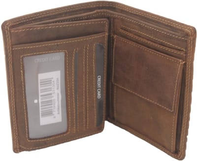 Oi Hunter bruine leren Billfold hoog model met opstaand muntvak / heren portemonnee met kleingeldvak horizontaal / platte ruime beurs met opening kleingeld vak naar boven / RFID SAFE / bruin leer / 235H