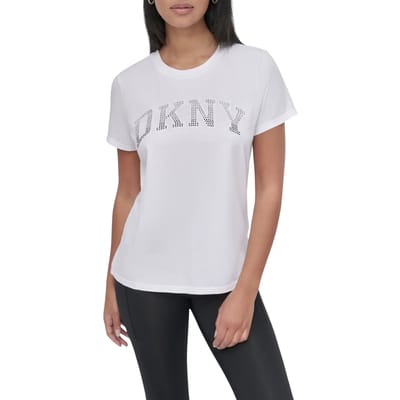 Dkny Arched Varsity Rhinestone Ombre T-shirt Met Korte Mouwen Wit L Vrouw