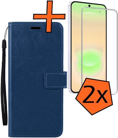 Hoes - Met 2x Screenprotector - Geschikt voor Samsung Galaxy A37 - Luxe Pasjeshouder - Bookcase Portemonee - Flip Case - Kunstleer Book Case - Flipcase Hoes - Book Cover - Walletcase - PortemonneeHoes - Donkerblauw