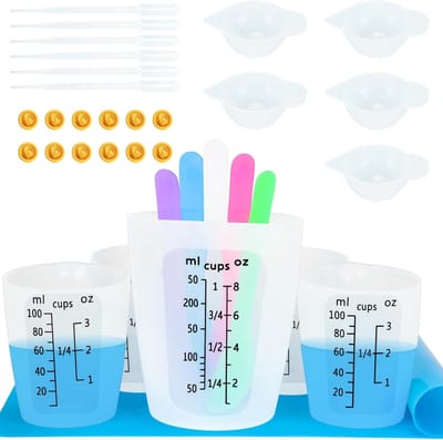 Maatbekers Tool Kit voor Hars, Non-Stick Zwart Nummer 250 & 100ml Epoxyhars Mengbekers, Herbruikbare Hars Accessoires met Siliconen Mat, Roer Sticks, Pipetten, Kleur Cups