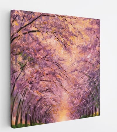 Saammp Canvas Schilderij - Pad tussen de bomen door - Roze - Landschap - Natuur - 20x20 - Foto op canvas - Wanddecoratie - Muurdecoratie Woonkamer - Slaapkamer decoratie - Canvas Print
