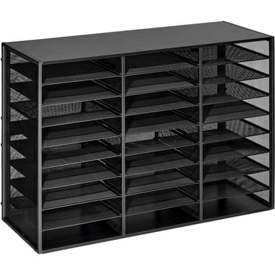 Organisateur de documents, Boîte aux lettres métallique de bureau à 27 compartiments avec grillage métallique amovible, Trieur de courrier avec plateau en bois, Rangement de bureau, de comptoir, pour la maison