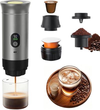 Draagbare espressomachine, compatibel met grote capsules, kleine capsules en koffiepoeder, 3-in-1 mini-koffiezetapparaat met batterij, snelle verwarming, autokoffiezetapparaat met display voor