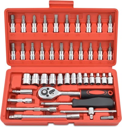 Rode Dopsleutelset 46-delig - Steeksleutelset voor Fijnmechanica met Omschakelratel - Schroevendraaiergreep - 1/4 inch